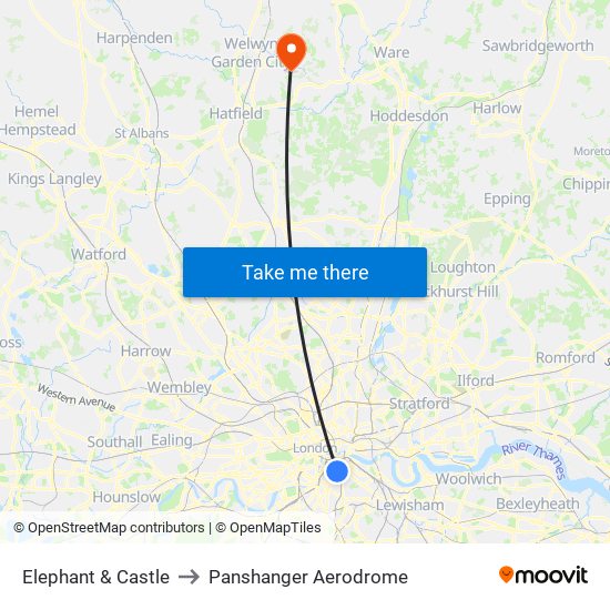 Elephant & Castle to Panshanger Aerodrome map