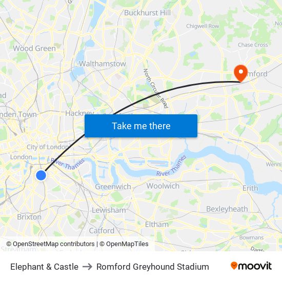 Elephant & Castle to Romford Greyhound Stadium map