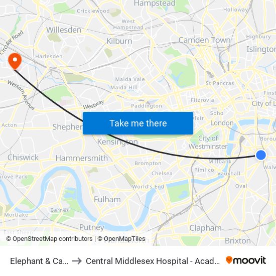 Elephant & Castle to Central Middlesex Hospital - Acad Centre map