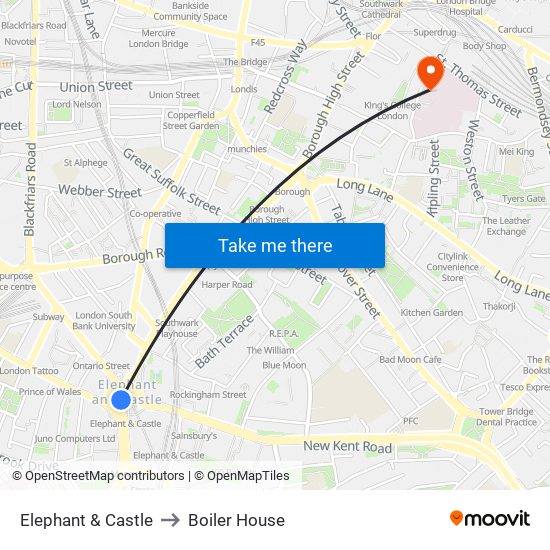 Elephant & Castle to Boiler House map