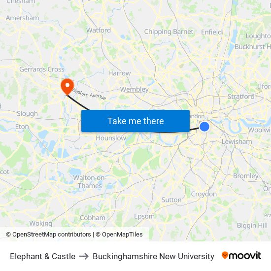Elephant & Castle to Buckinghamshire New University map