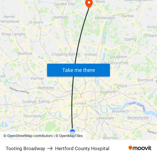Tooting Broadway to Hertford County Hospital map