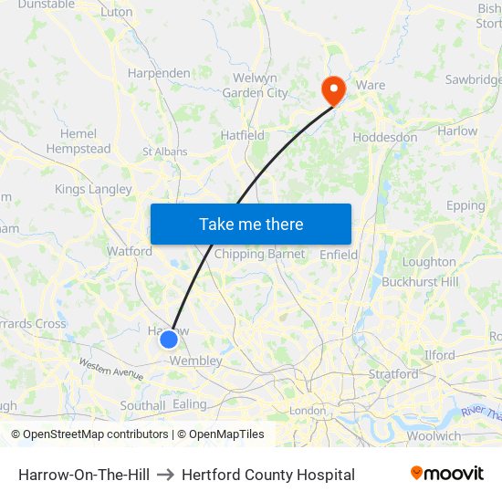 Harrow-On-The-Hill to Hertford County Hospital map
