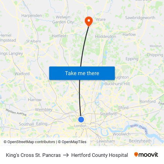 King's Cross St. Pancras to Hertford County Hospital map