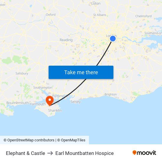 Elephant & Castle to Earl Mountbatten Hospice map
