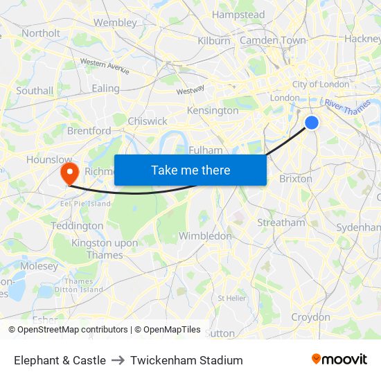 Elephant & Castle to Twickenham Stadium map