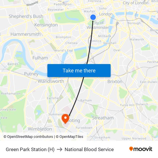 Green Park Station (H) to National Blood Service map