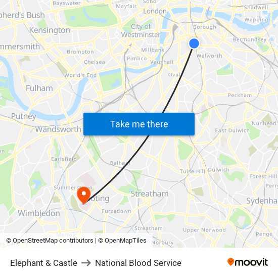 Elephant & Castle to National Blood Service map