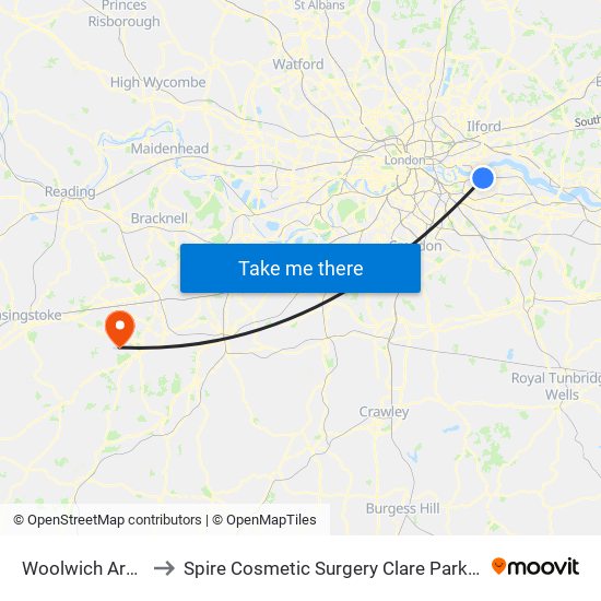 Woolwich Arsenal to Spire Cosmetic Surgery Clare Park Hospital map