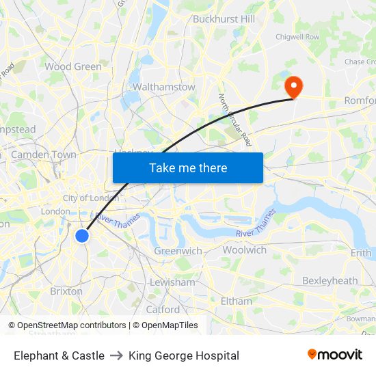 Elephant & Castle to King George Hospital map