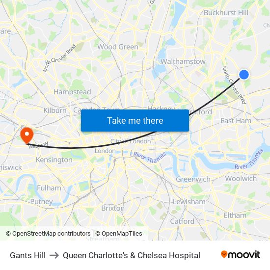 Gants Hill to Queen Charlotte's & Chelsea Hospital map