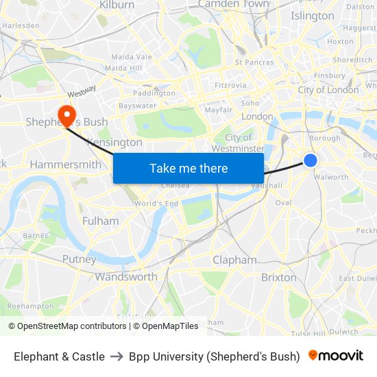 Elephant & Castle to Bpp University (Shepherd's Bush) map