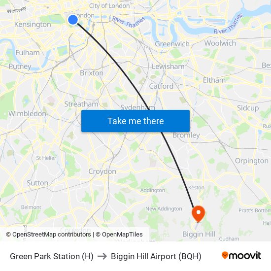 Green Park Station (H) to Biggin Hill Airport (BQH) map