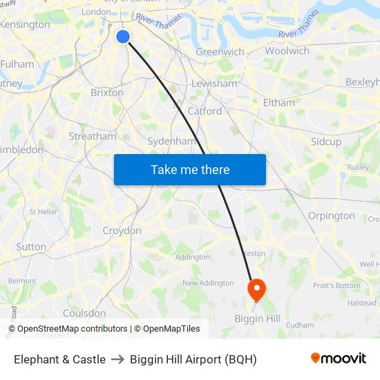 Elephant & Castle to Biggin Hill Airport (BQH) map