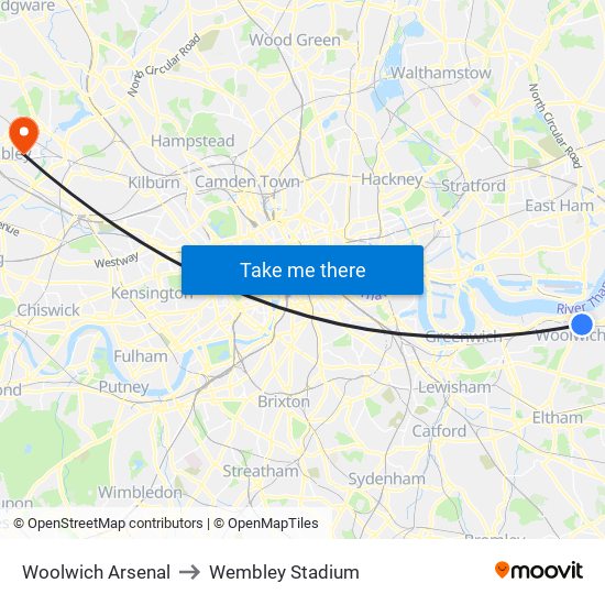 Woolwich Arsenal to Wembley Stadium map