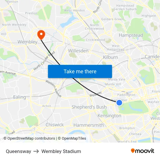 Queensway to Wembley Stadium map
