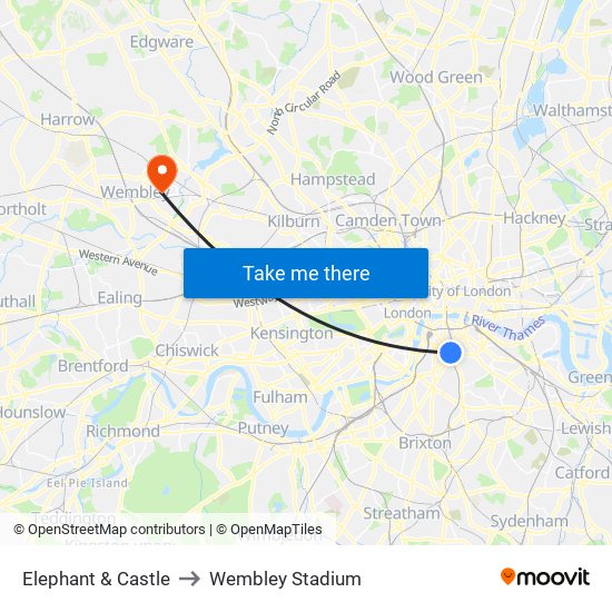 Elephant & Castle to Wembley Stadium map