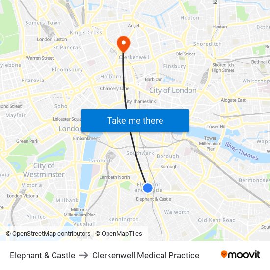 Elephant & Castle to Clerkenwell Medical Practice map