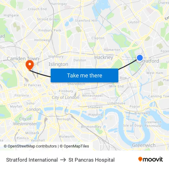 Stratford International to St Pancras Hospital map
