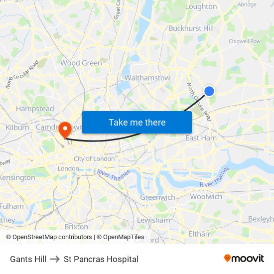 Gants Hill to St Pancras Hospital map