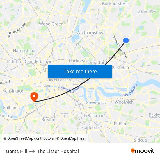Gants Hill to The Lister Hospital map