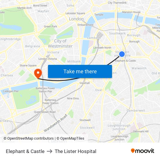 Elephant & Castle to The Lister Hospital map
