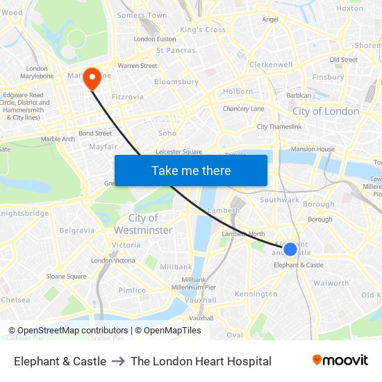 Elephant & Castle to The London Heart Hospital map