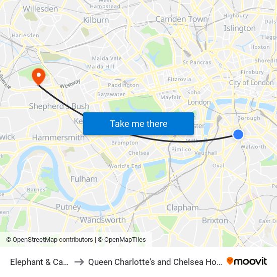 Elephant & Castle to Queen Charlotte's and Chelsea  Hospital map