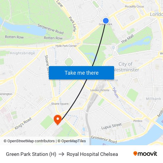 Green Park Station (H) to Royal Hospital Chelsea map