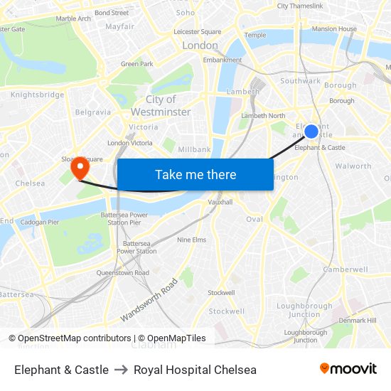 Elephant & Castle to Royal Hospital Chelsea map