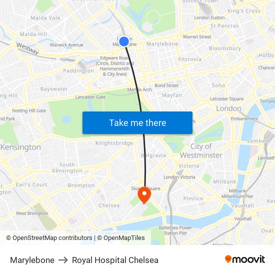 Marylebone to Royal Hospital Chelsea map