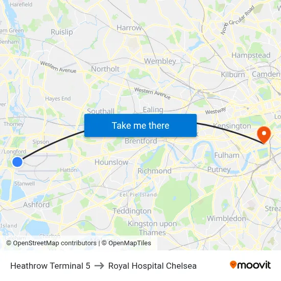 Heathrow Terminal 5 to Royal Hospital Chelsea map