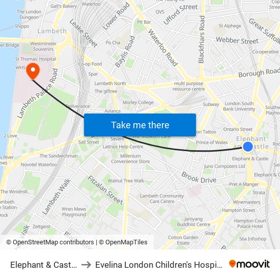 Elephant & Castle to Evelina London Children's Hospital map