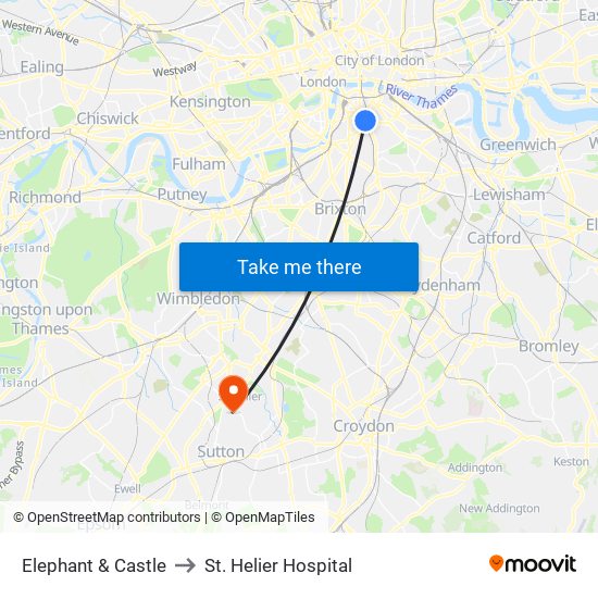 Elephant & Castle to St. Helier Hospital map