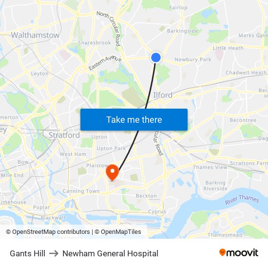 Gants Hill to Newham General  Hospital map