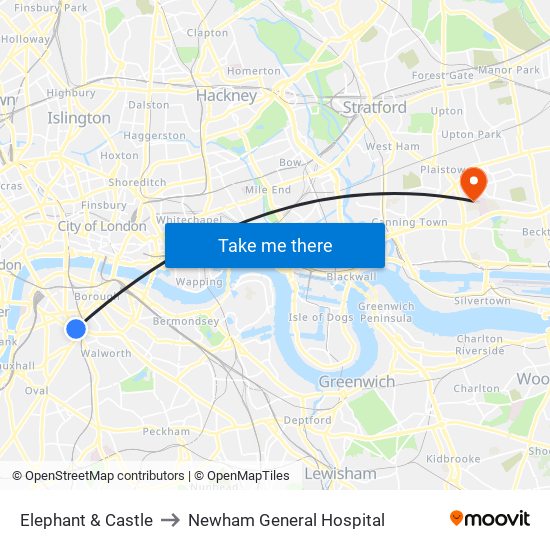 Elephant & Castle to Newham General  Hospital map