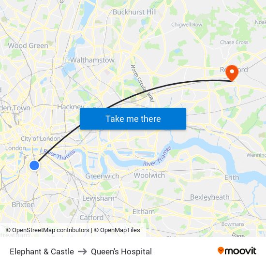 Elephant & Castle to Queen's Hospital map