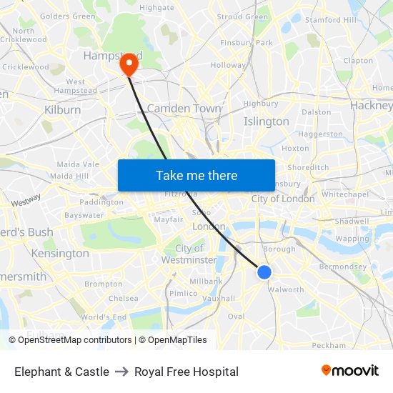 Elephant & Castle to Royal Free Hospital map
