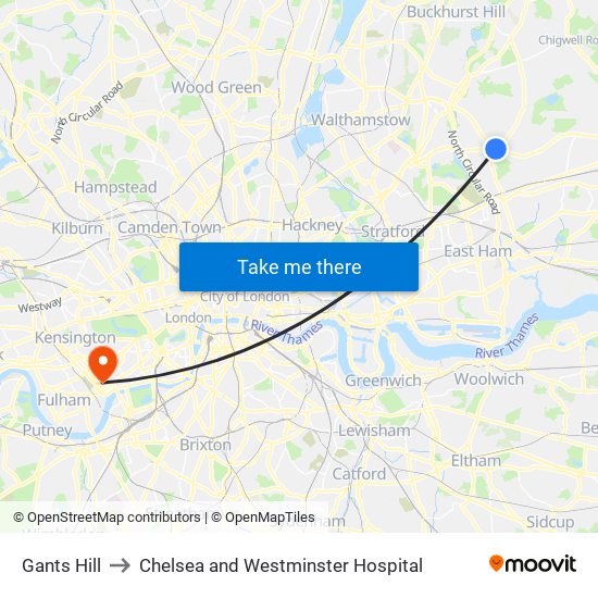 Gants Hill to Chelsea and Westminster Hospital map
