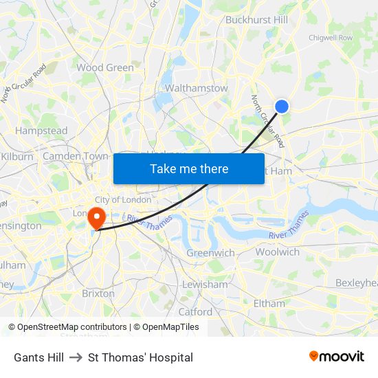 Gants Hill to St Thomas' Hospital map