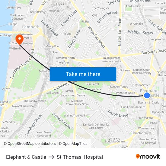 Elephant & Castle to St Thomas' Hospital map