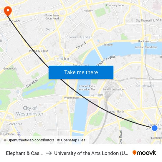 Elephant & Castle to University of the Arts London (UAL) map