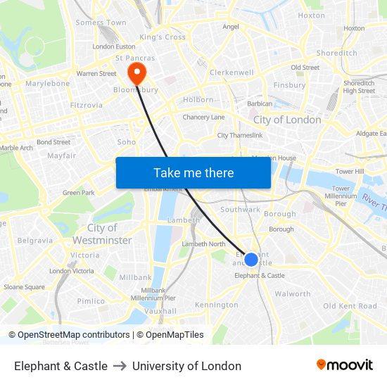 Elephant & Castle to University of London map