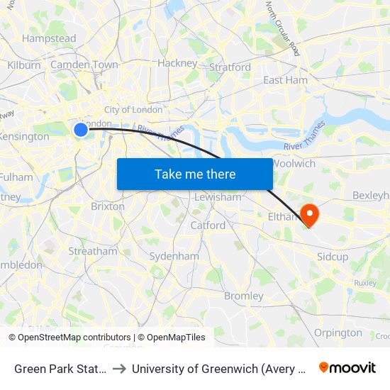 Green Park Station (H) to University of Greenwich (Avery Hill Campus) map