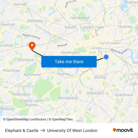 Elephant & Castle to University Of West London map