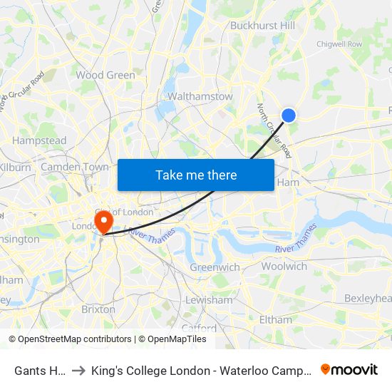 Gants Hill to King's College London - Waterloo Campus map