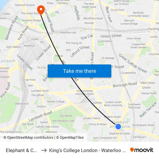 Elephant & Castle to King's College London - Waterloo Campus map