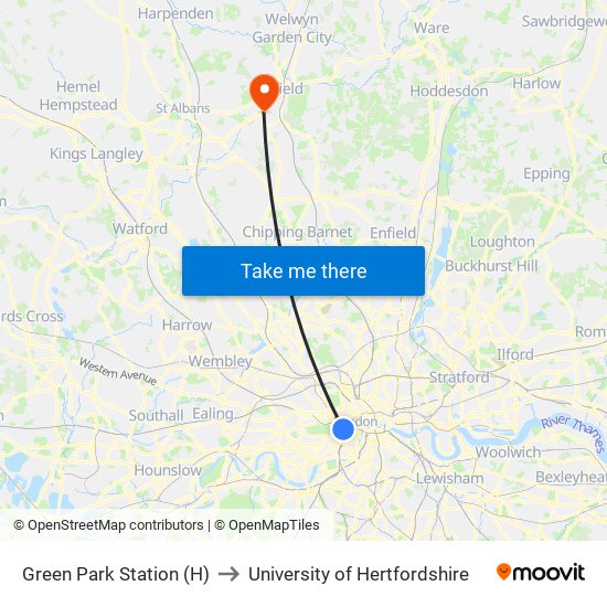 Green Park Station (H) to University of Hertfordshire map