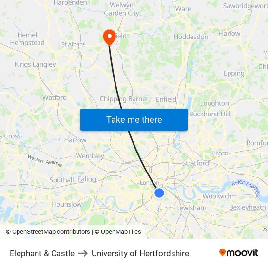 Elephant & Castle to University of Hertfordshire map