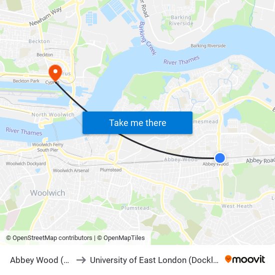 Abbey Wood (London) to University of East London (Docklands Campus) map